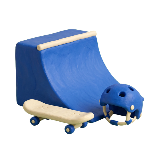 Skatepark illustration in blue and ivory clay