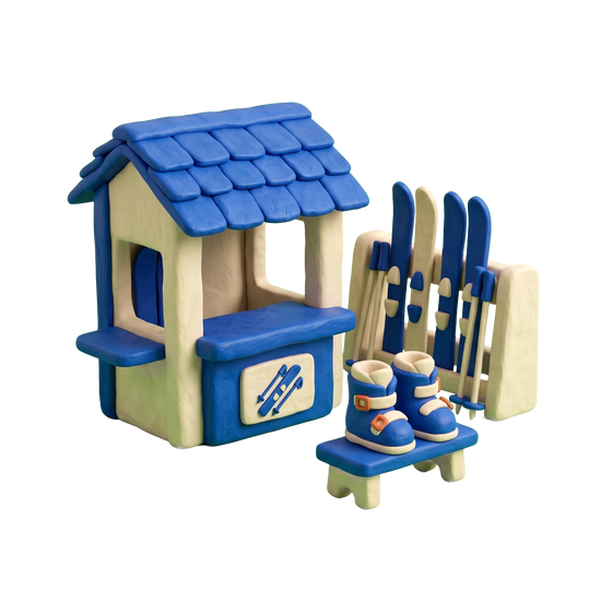 Ski rental service illustration in blue and ivory clay