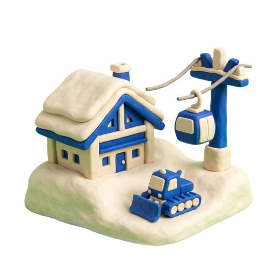 Ski resort illustration in blue and ivory clay