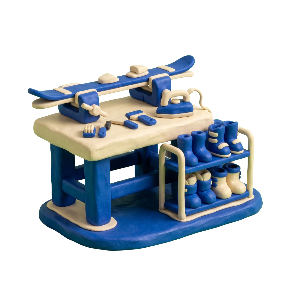 Ski shop illustration in blue and ivory clay