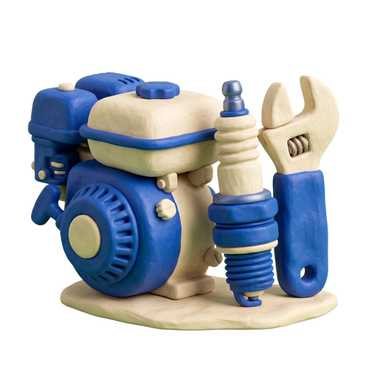 Small engine repair service illustration in blue and ivory clay