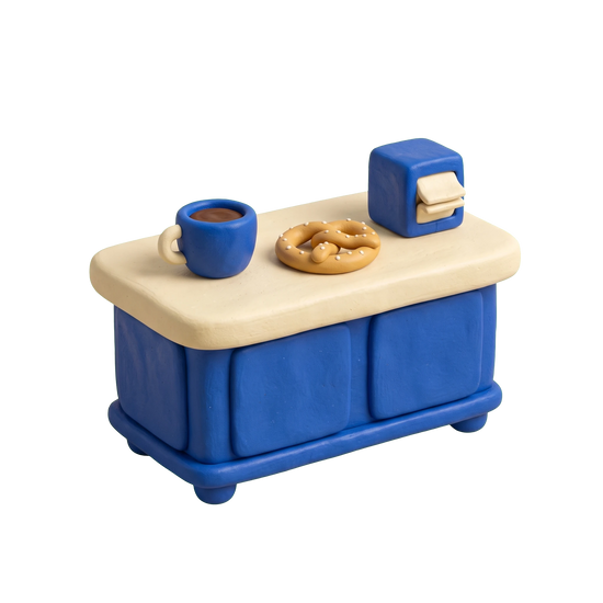 Snack bar illustration in blue and ivory clay