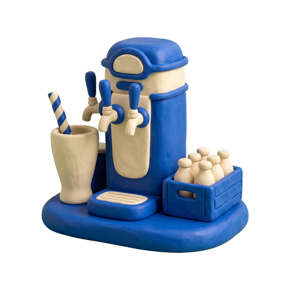 Soft drinks shop illustration in blue and ivory clay