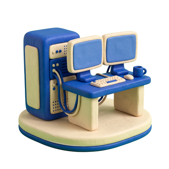 Software company illustration in blue and ivory clay