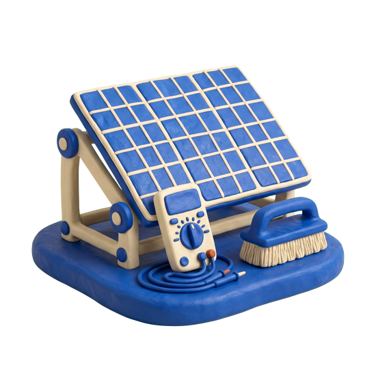 Solar panel maintenance service illustration in blue and ivory clay