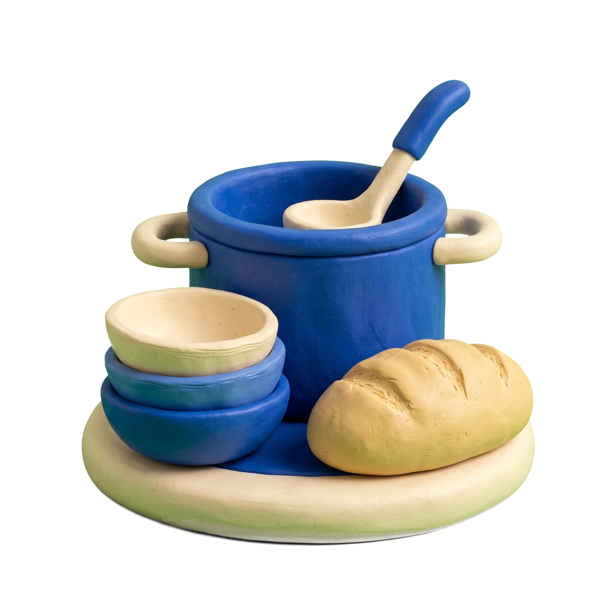 Soup kitchen illustration in blue and ivory clay
