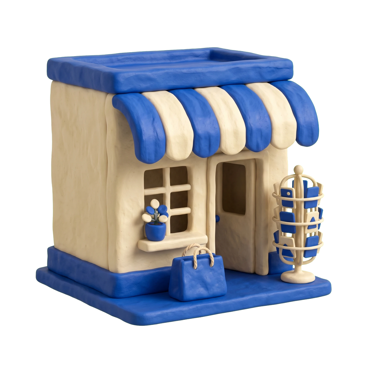 Souvenir store illustration in blue and ivory clay