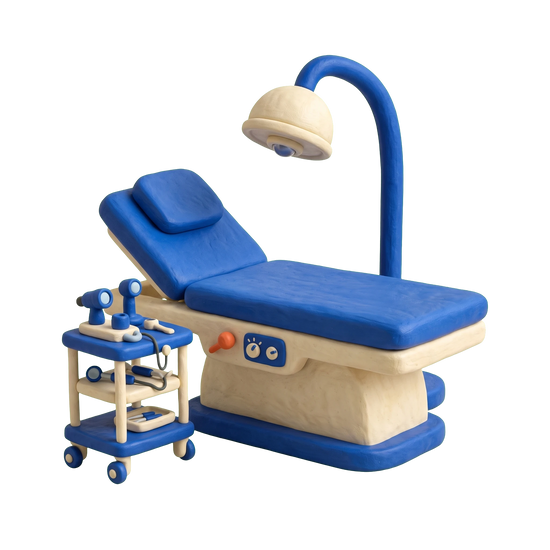 Specialized clinic illustration in blue and ivory clay