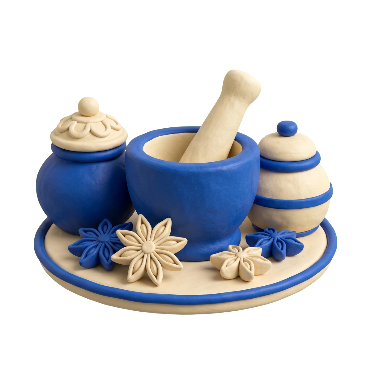 Spice store illustration in blue and ivory clay