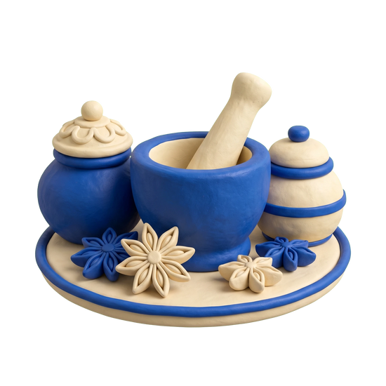 Spice store illustration in blue and ivory clay