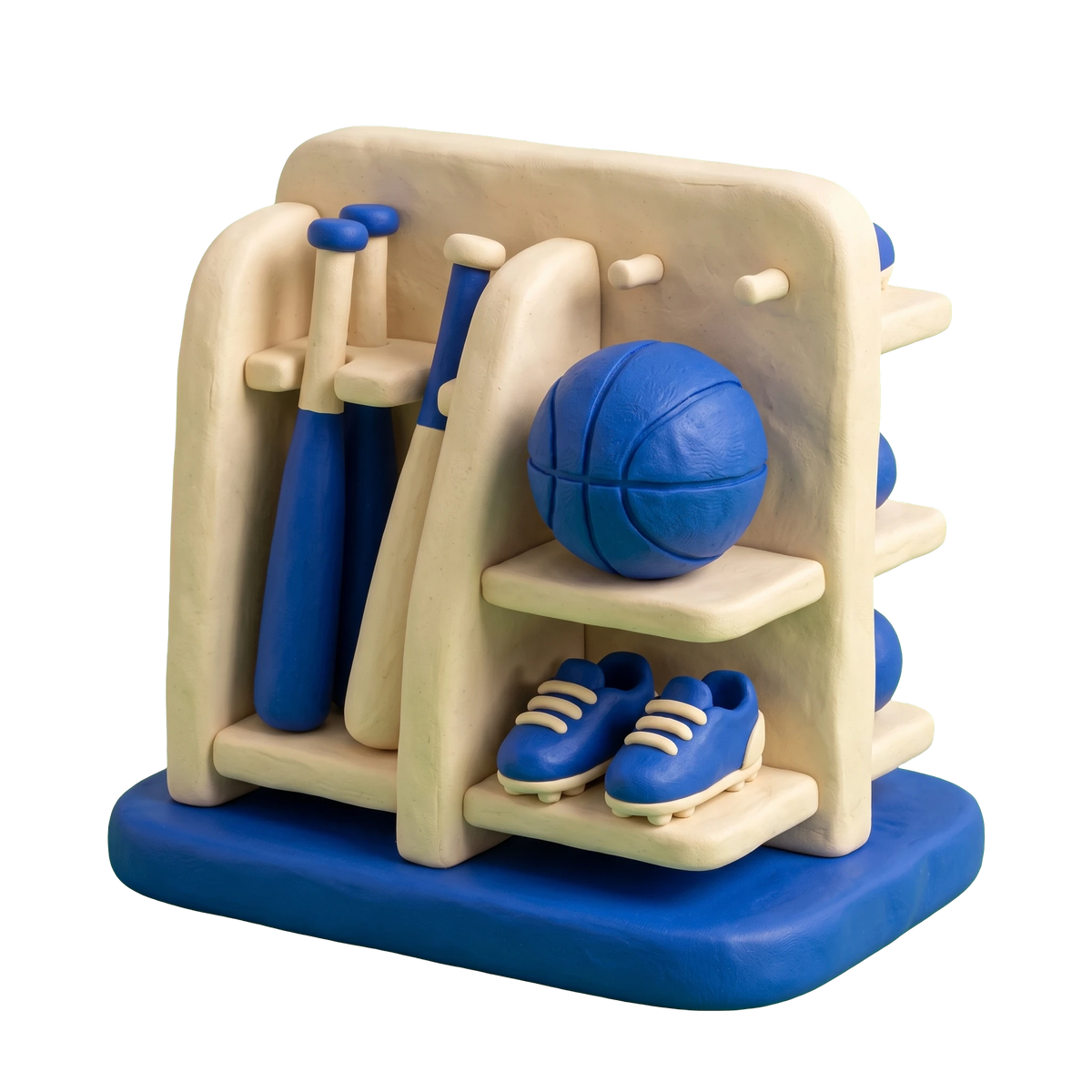 Sporting goods store illustration in blue and ivory clay