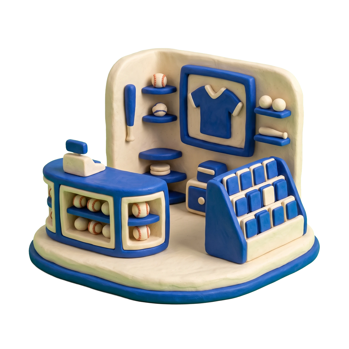 Sports memorabilia store illustration in blue and ivory clay