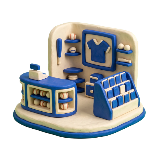 Sports memorabilia store illustration in blue and ivory clay