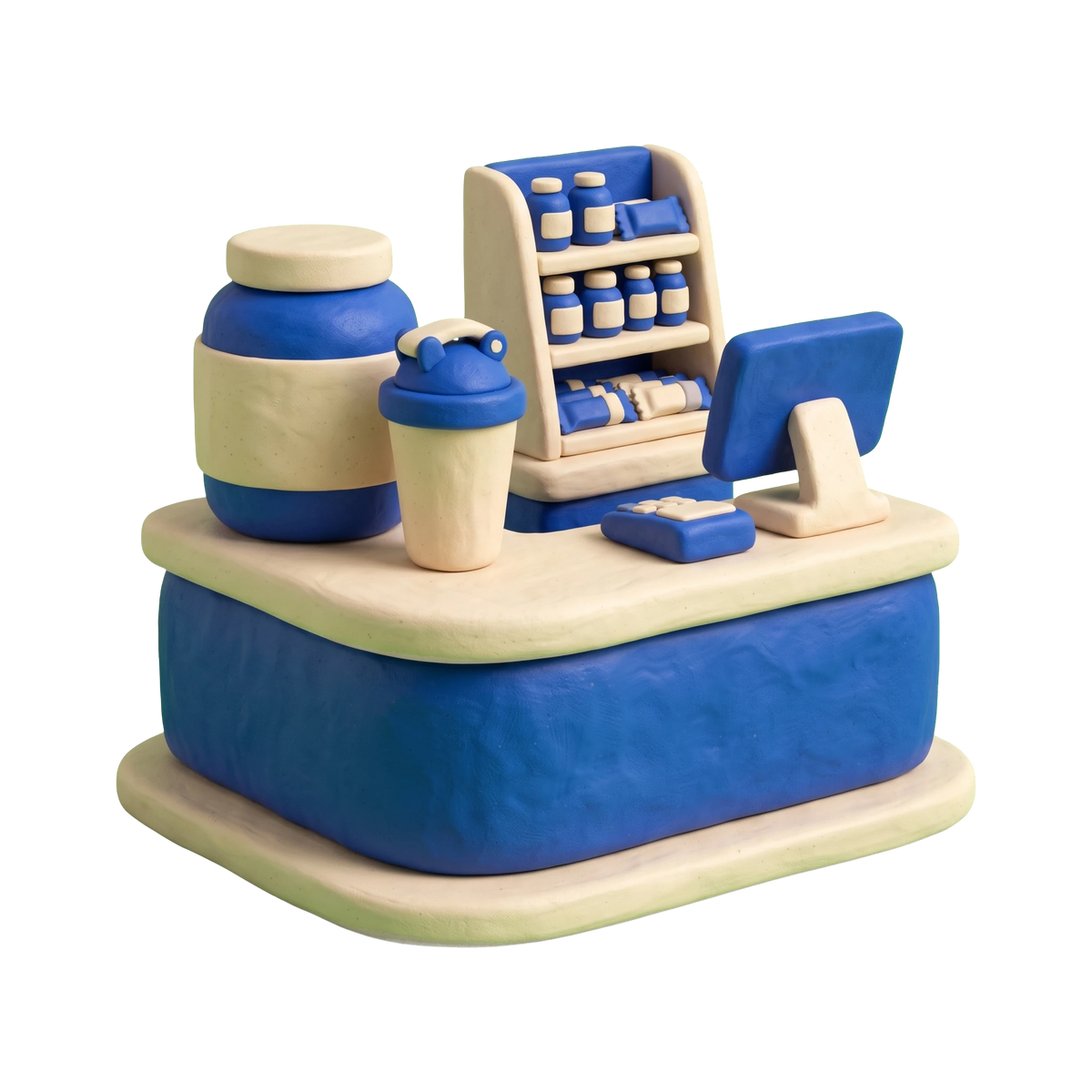 Sports nutrition store illustration in blue and ivory clay