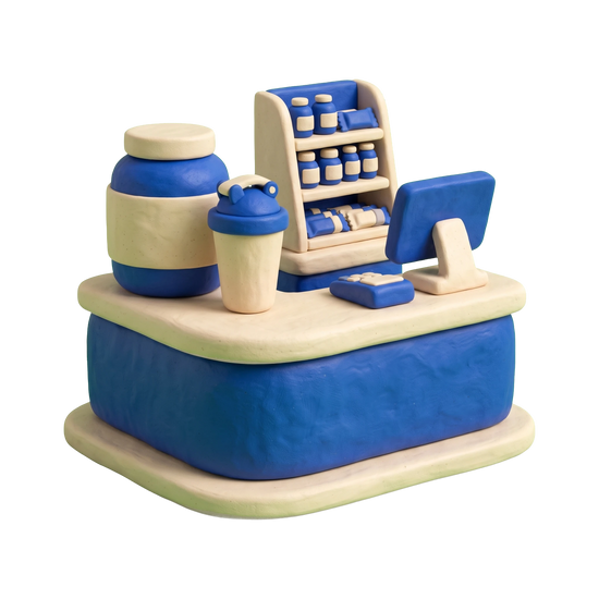 Sports nutrition store illustration in blue and ivory clay