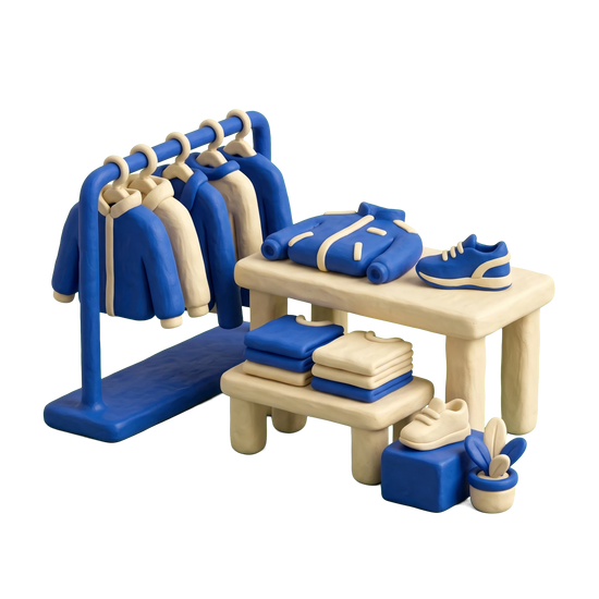 Sportswear store illustration in blue and ivory clay
