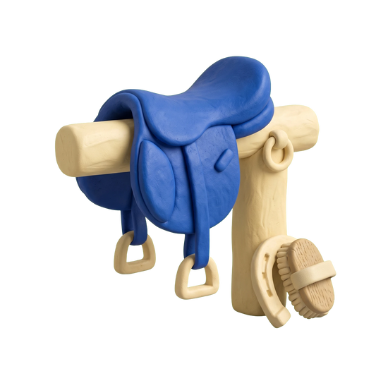 Stable illustration in blue and ivory clay