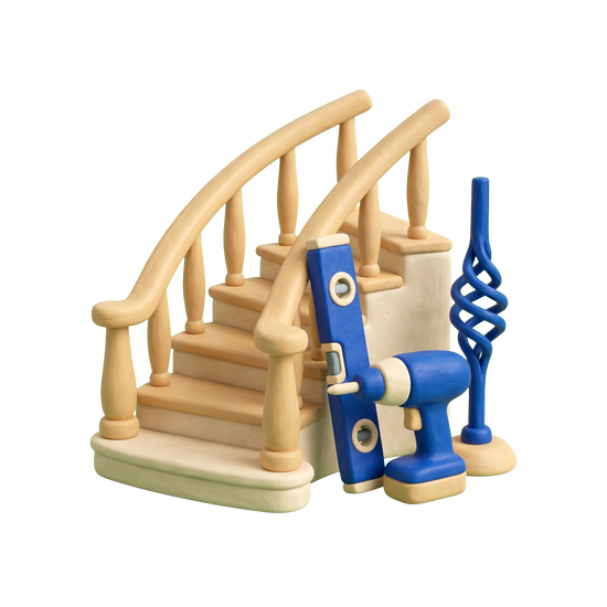 Stair contractor illustration in blue and ivory clay