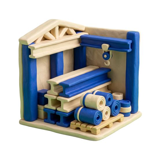 Steel distributor illustration in blue and ivory clay