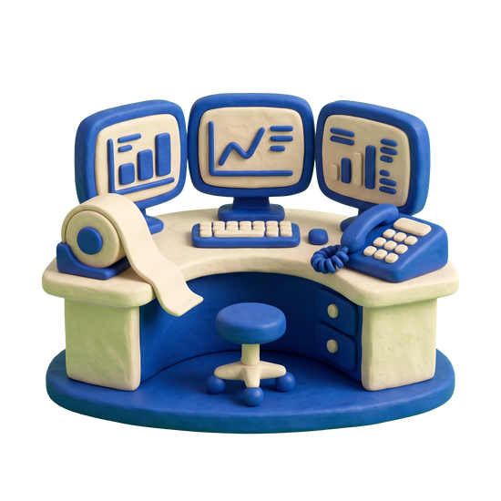 Stock broker illustration in blue and ivory clay