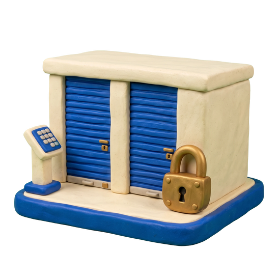 Storage facility illustration in blue and ivory clay