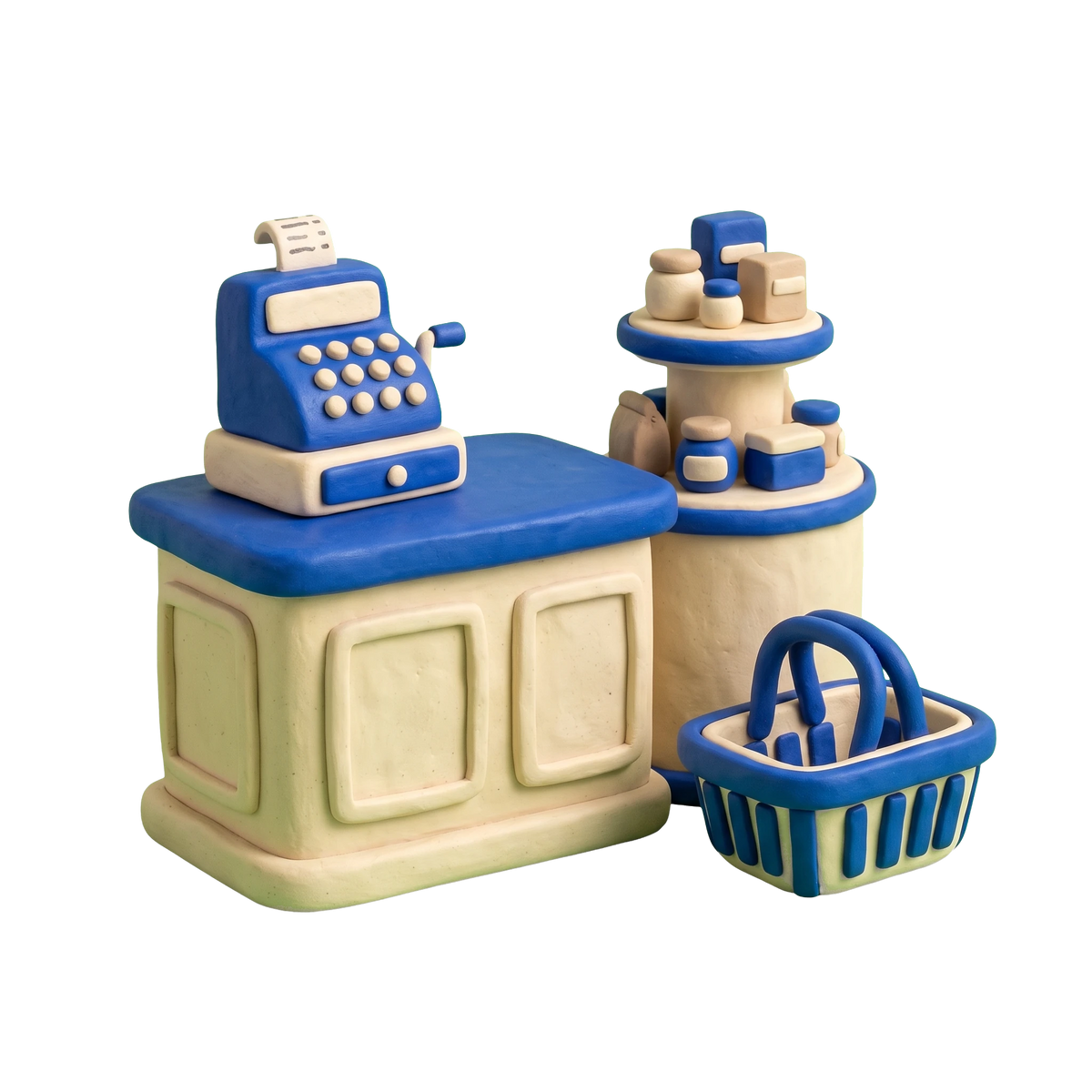 Store illustration in blue and ivory clay