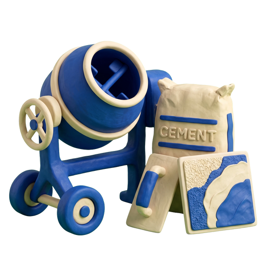 Stucco contractor illustration in blue and ivory clay