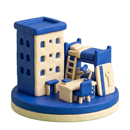 Student dormitory illustration in blue and ivory clay