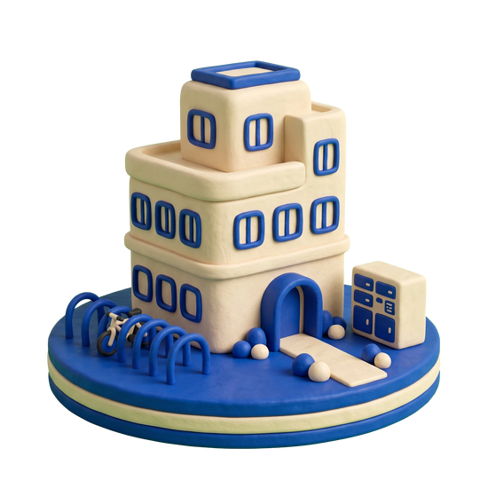 Student housing center illustration in blue and ivory clay
