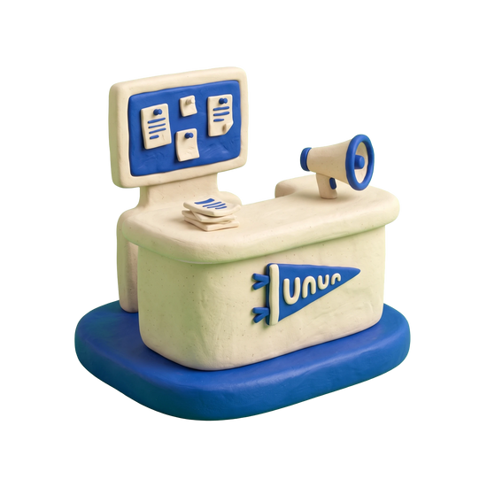 Student union illustration in blue and ivory clay