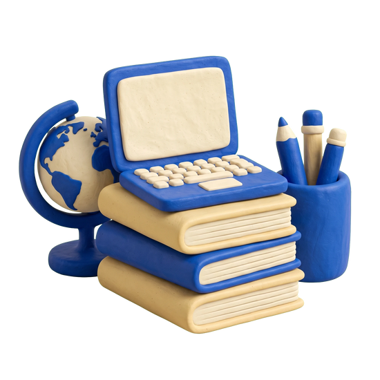 Study at home school illustration in blue and ivory clay