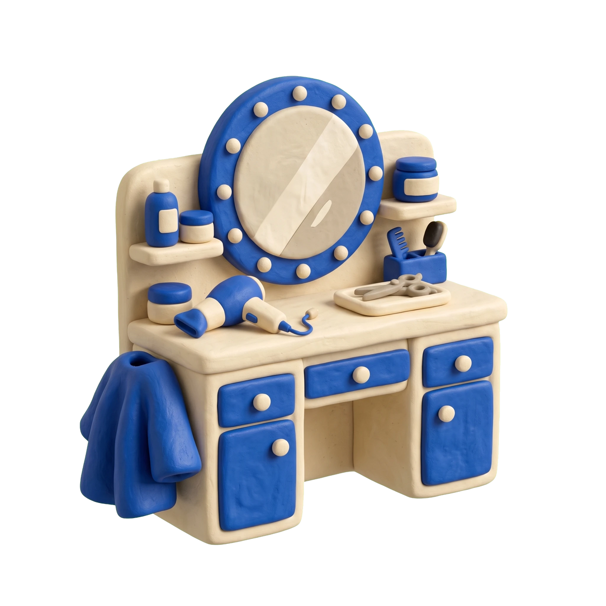 Stylist illustration in blue and ivory clay
