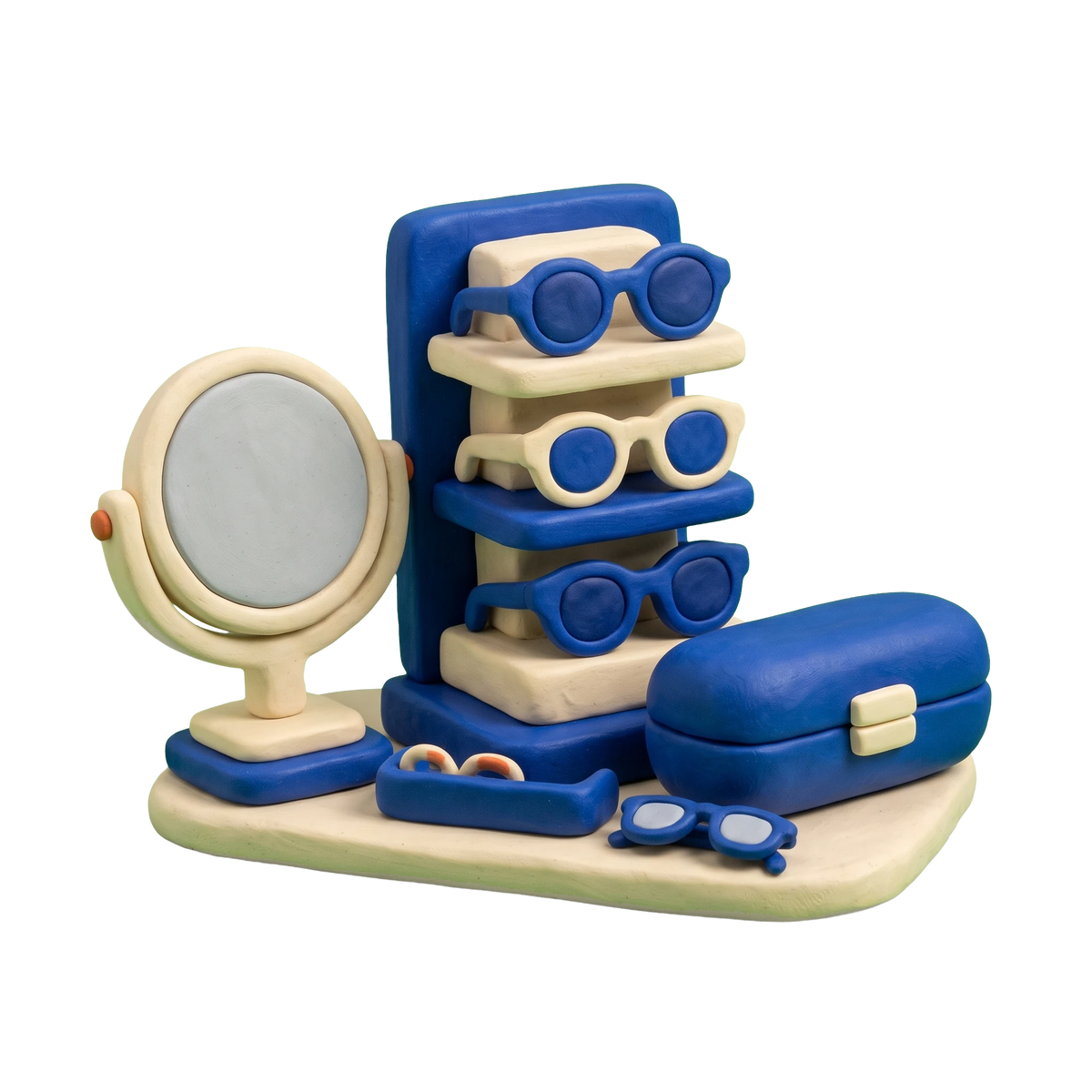 Sunglasses store illustration in blue and ivory clay