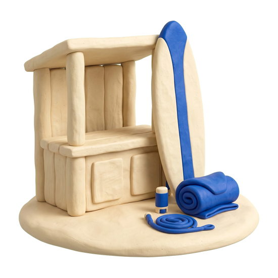 Surf school illustration in blue and ivory clay