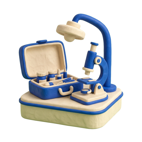 Surgical oncologist illustration in blue and ivory clay