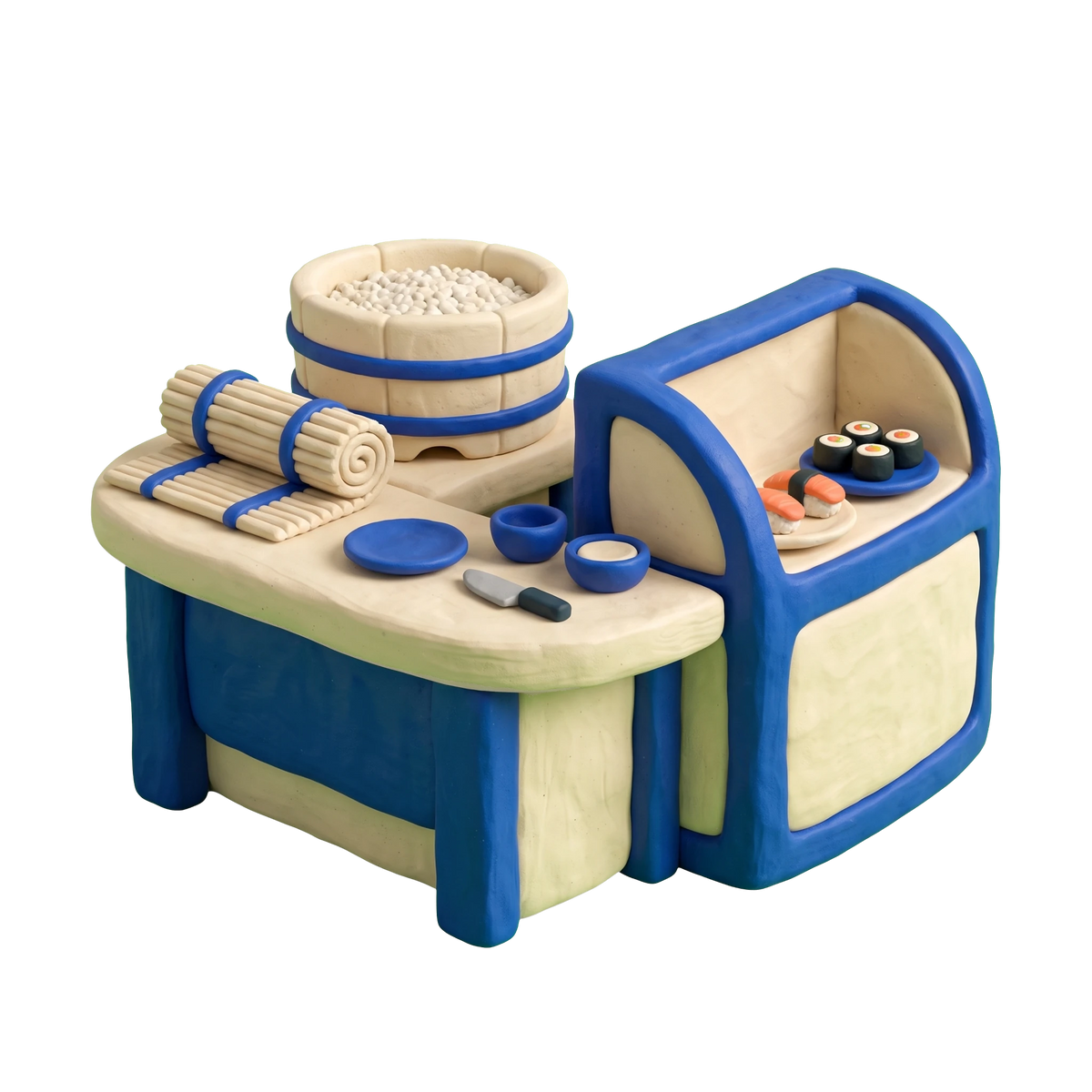 Sushi takeaway illustration in blue and ivory clay