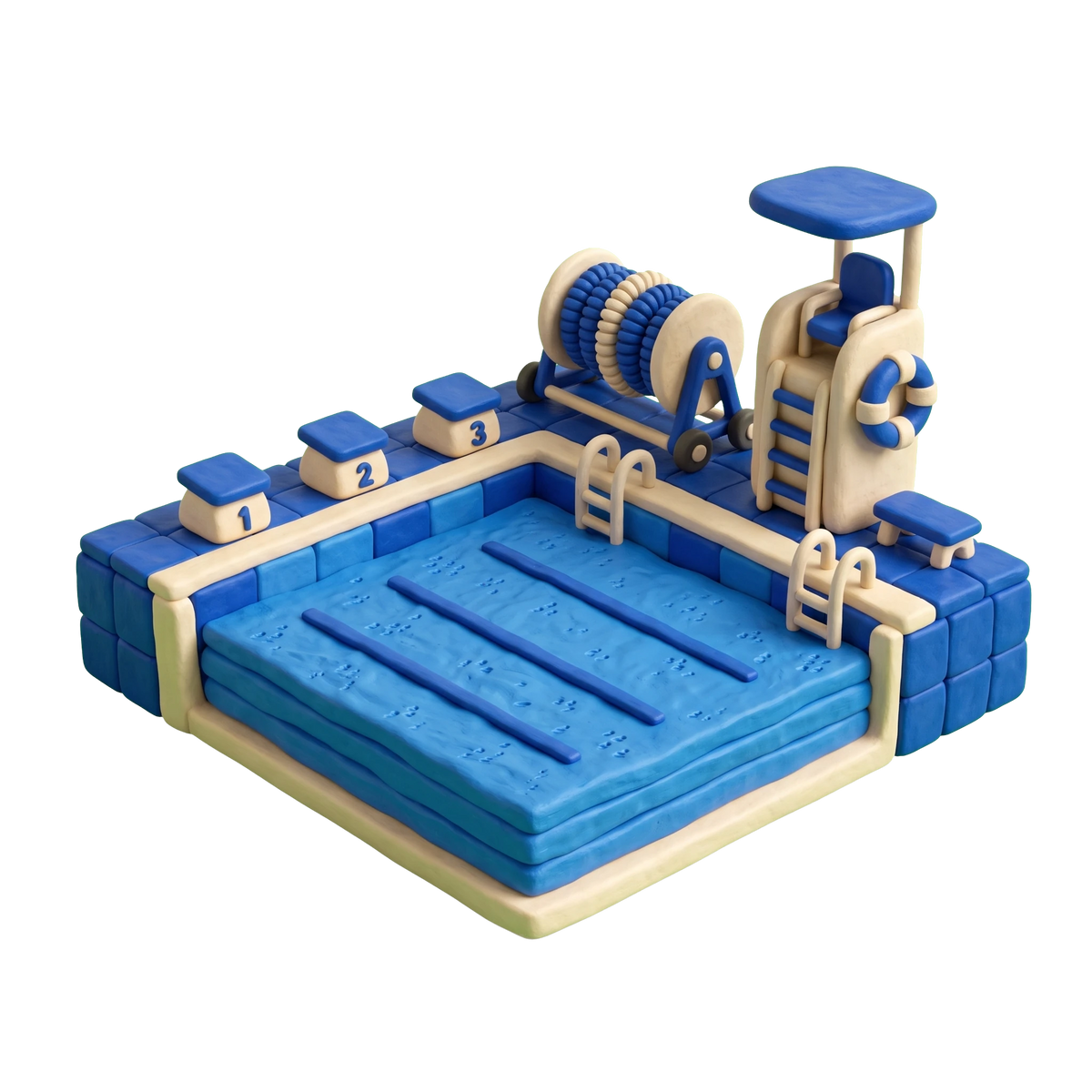 Swimming facility illustration in blue and ivory clay