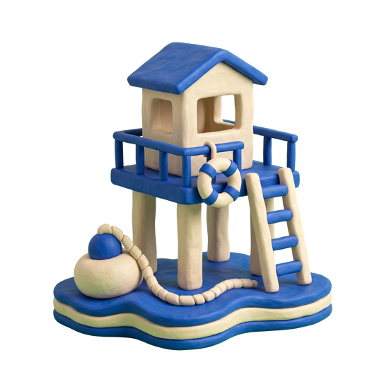 Swimming lake illustration in blue and ivory clay