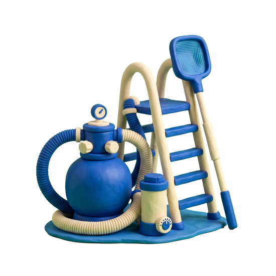 Swimming pool supply store illustration in blue and ivory clay