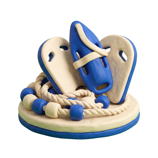 Swimming school illustration in blue and ivory clay