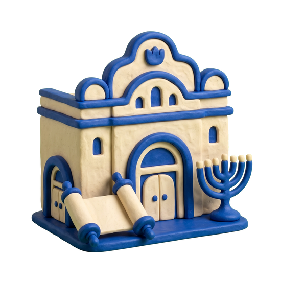 Synagogue illustration in blue and ivory clay