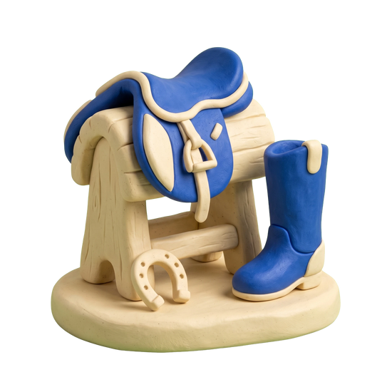 Tack shop illustration in blue and ivory clay