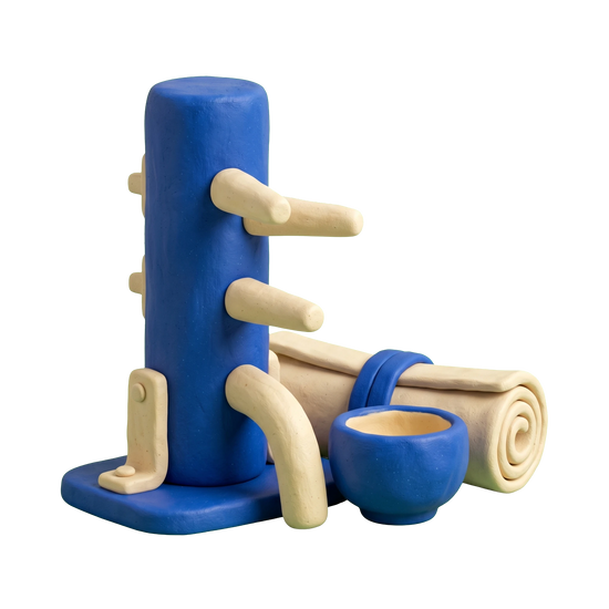 Tai chi school illustration in blue and ivory clay