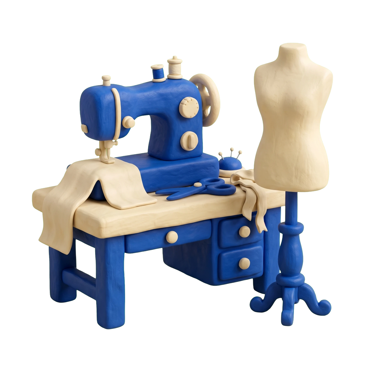 Tailor illustration in blue and ivory clay