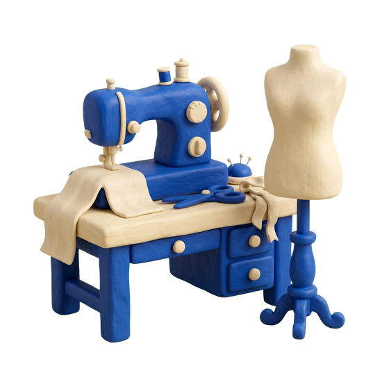 Tailor illustration in blue and ivory clay