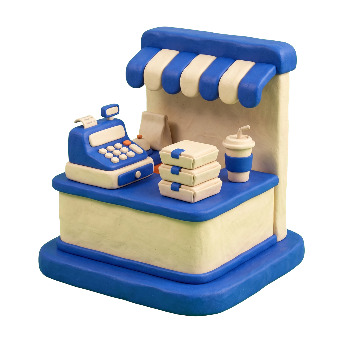 Takeout restaurant illustration in blue and ivory clay