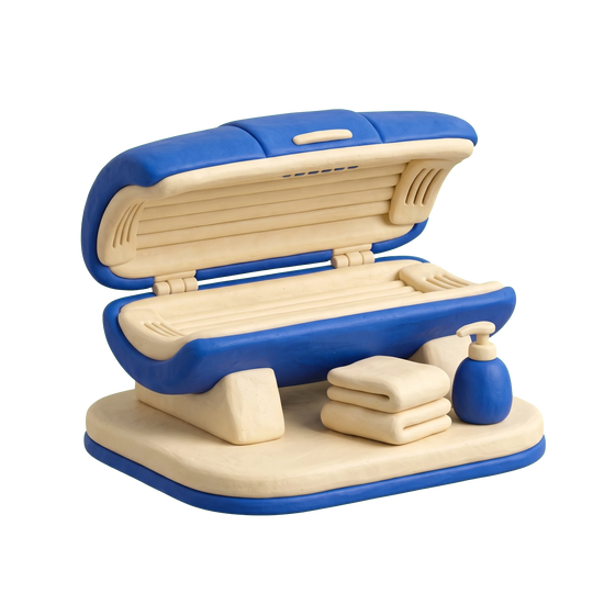 Tanning salon illustration in blue and ivory clay