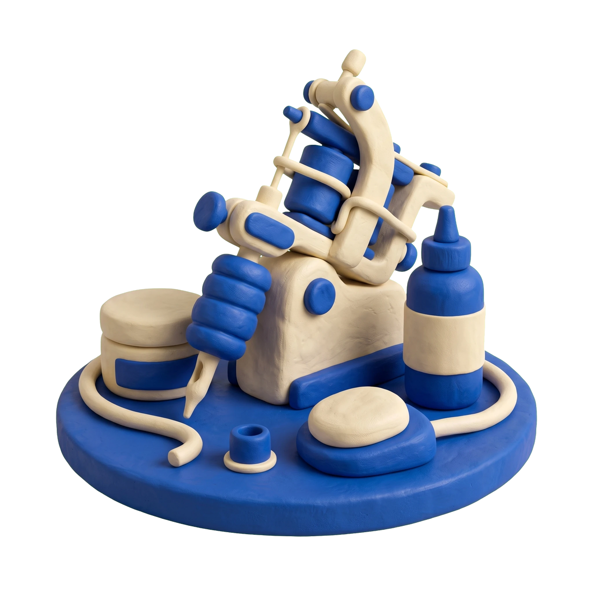 Tattoo shop illustration in blue and ivory clay