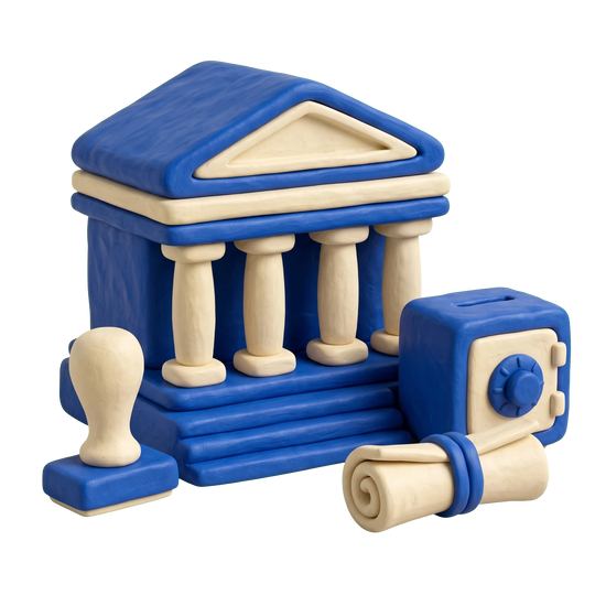 Tax collector's office illustration in blue and ivory clay