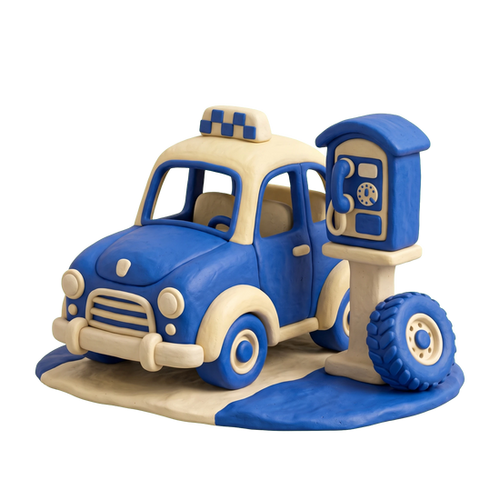 Taxi service illustration in blue and ivory clay
